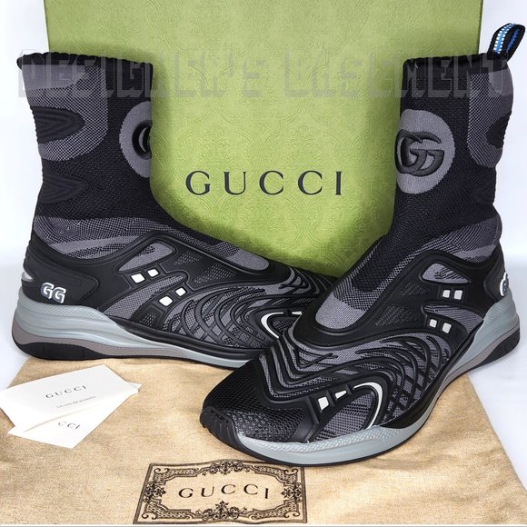 GUCCI Men's 10 Black & Gray mesh & rubber ULTRAPACE R Sock mid-top Sneakers NIB - Picture 2 of 7